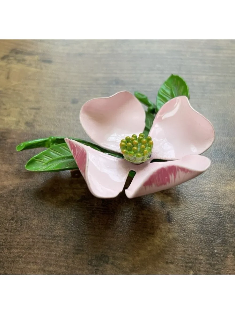 Vintage 1960s Enamel Dogwood Flower Brooch Pink Green Floral Pin Large 2.5